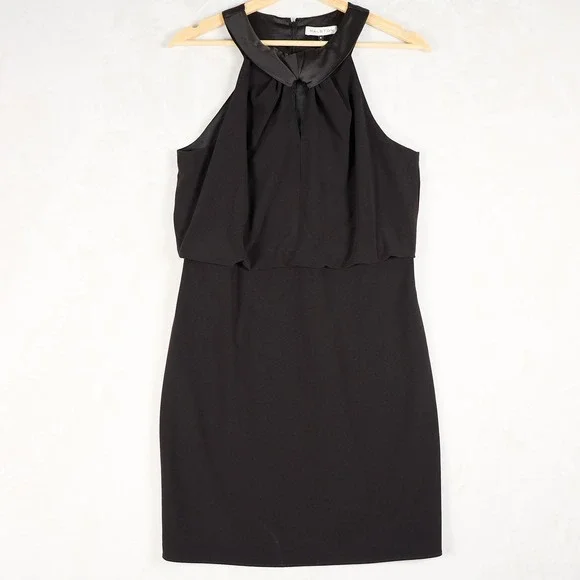 Halston Womens Black Halter Satin Trim Mini Cocktail Dress Front Key Hole Size 8 - Picture 2 of 13